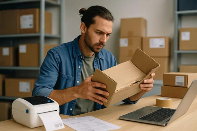 A male support employee is holding an damaged package. In the background: shipping boxes, laptop, label printer.