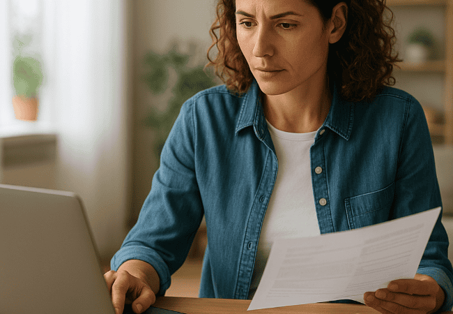Woman filing carrier claims manually looking slightly annoyed by all the effort
