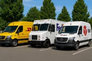 DHL, Fedex and dpd truck on a parking lot