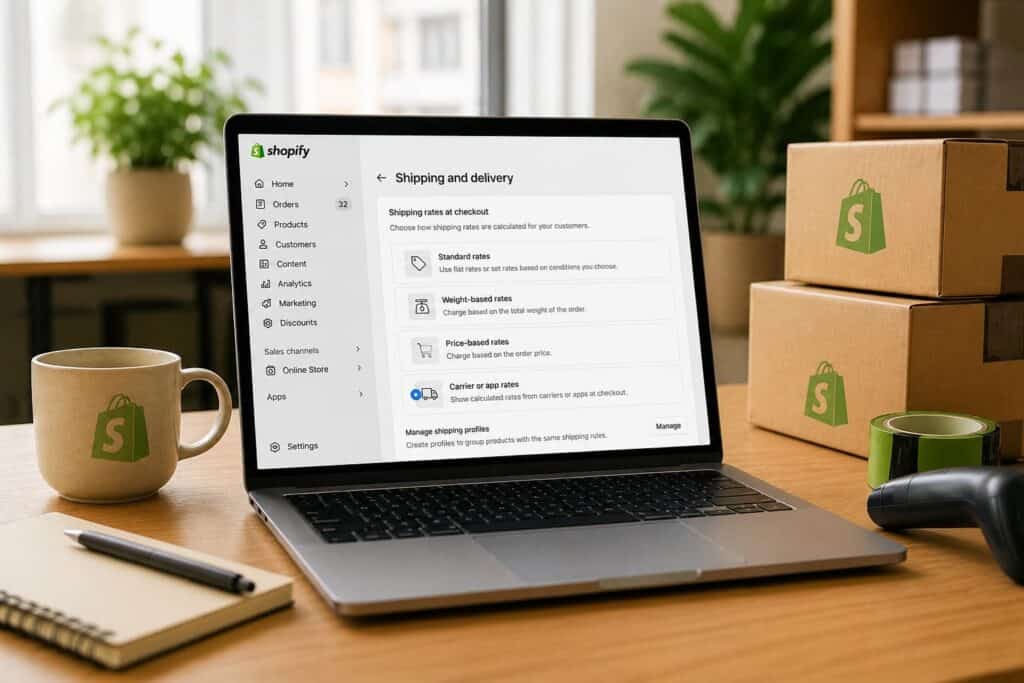 Ein Laptop auf einem Schreibtisch mit Shopify-Interface