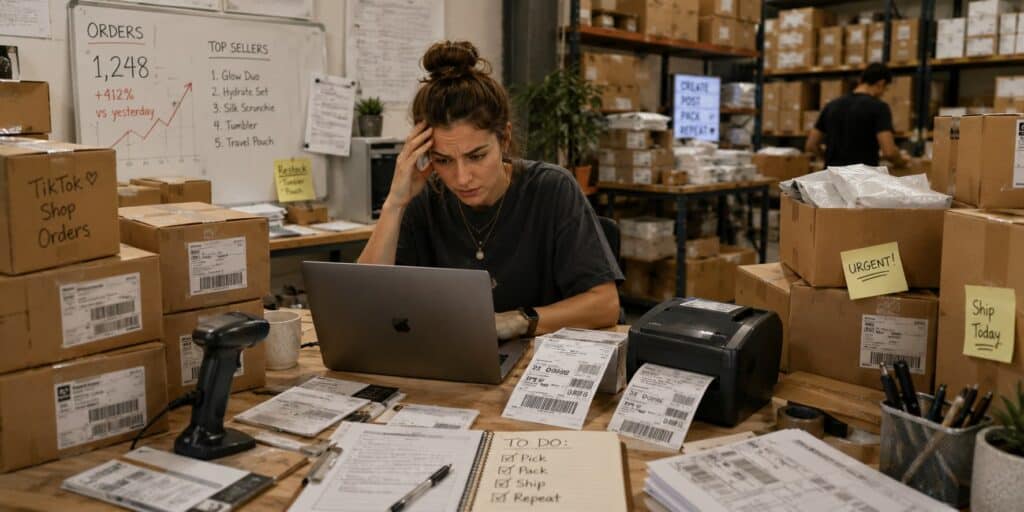 An overwhelmed ecommerce merchant works at a packing station surrounded by shipping labels, parcels, scanners, and order management tasks as warehouse activity continues in the background.