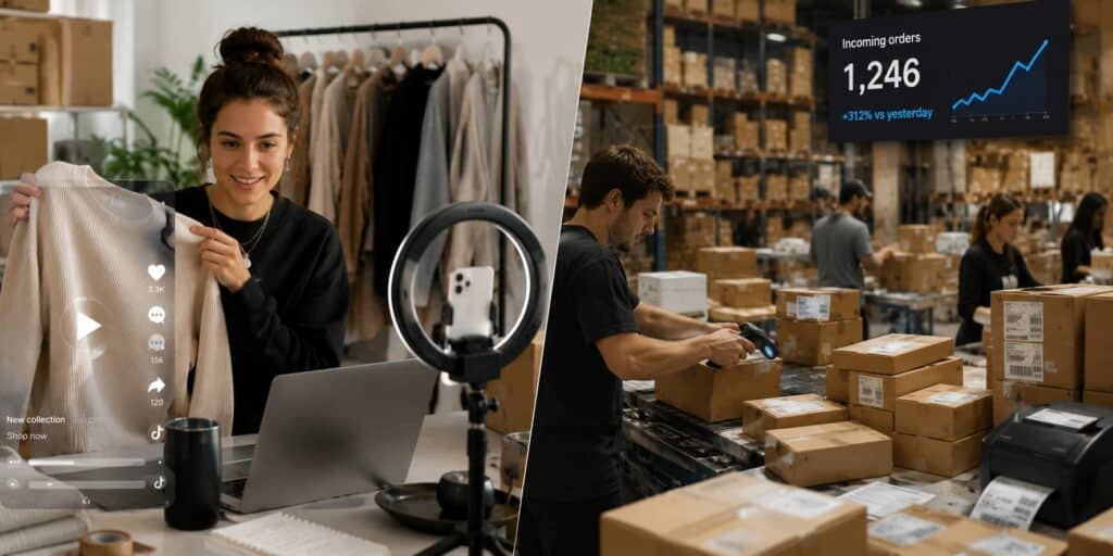 Split-screen image showing an ecommerce entrepreneur creating product content on one side and a busy warehouse processing a surge of orders on the other, illustrating growth from marketing to fulfillment.